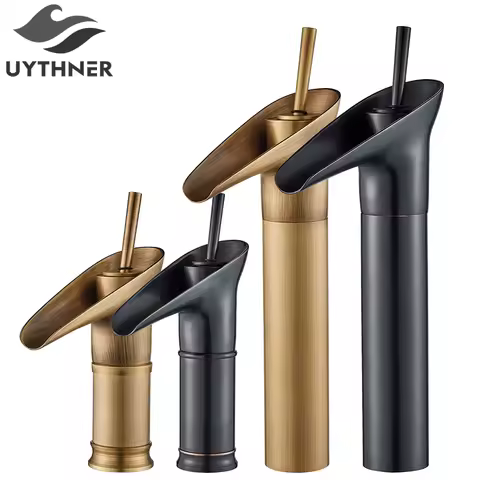 Antique Brass Basin Faucet Waterfall Bathroom Faucet Single Handle Basin Mixer Tap Deck Mounted One Hole Bronze Black Tap