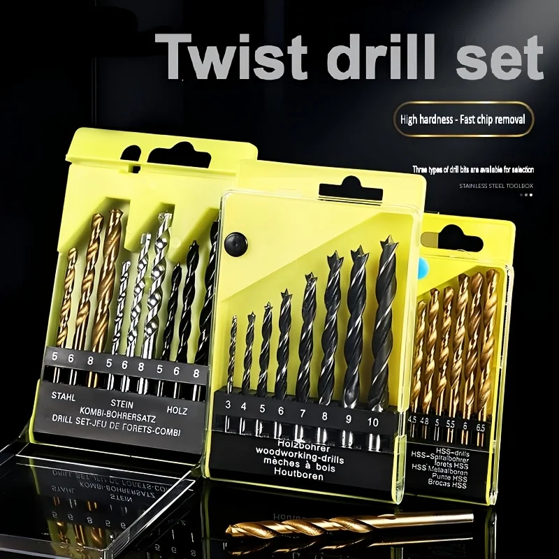

16Pcs Universal HSS Drill Bit Set, Round Shank Spiral Drilling Bits for Metal, Wood, Concrete and Masonry with Portable Box