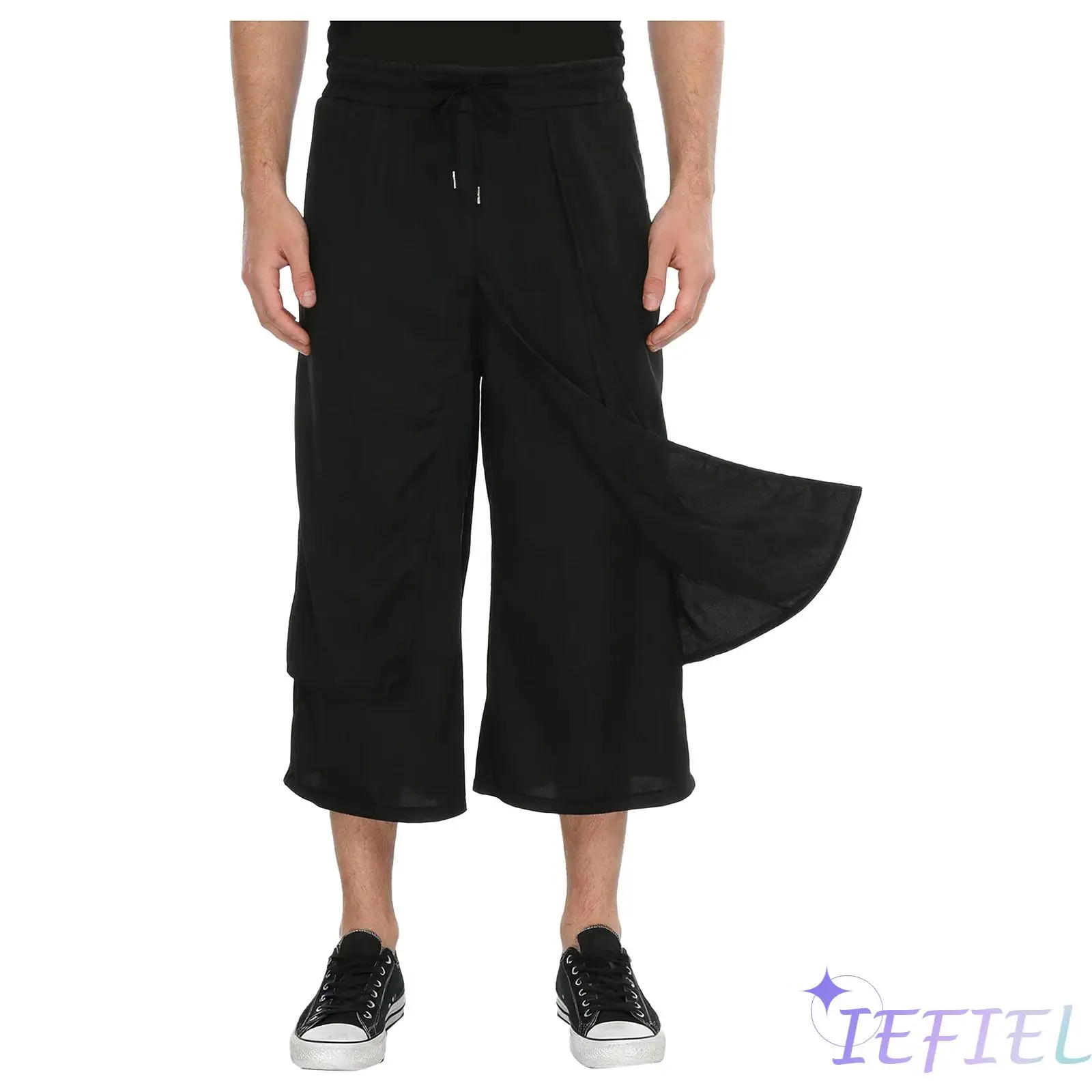 

Mens Japanese Harajuku Style Wide Leg Pants Elastic Waist with Pockets Layered Samurai Culottes Bottom for Daily Casual Wear