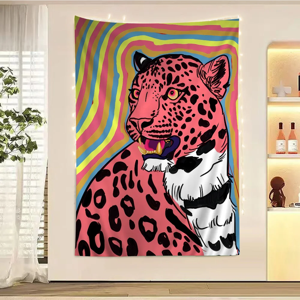 Wild Leopard Tiger Vase Flower Girl Power Anime Tapestry Hanging Tarot Hippie Wall Rugs Dorm Wall Hanging Sheets