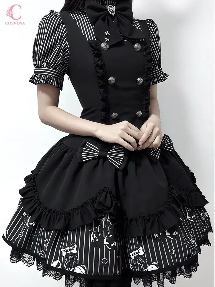 Gotische gestreepte Lolita jurkenset voor dames, met pofmouwen, gestreepte blouse, jarreteljurk, donkerzoete strik, kant, gelaagde prinsessenoutfit