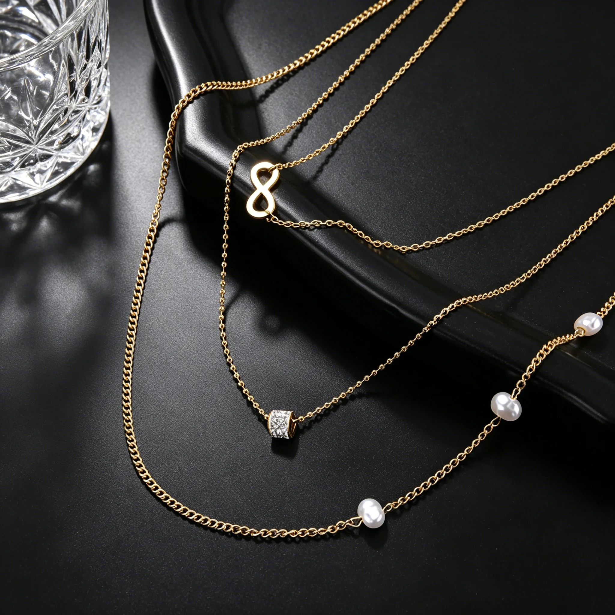 Atoztide Fashion Multiple Layer Beads Oval Necklace for Women Girl Stainless Steel Elegant Temperament Choker Chain Jewelry Gift