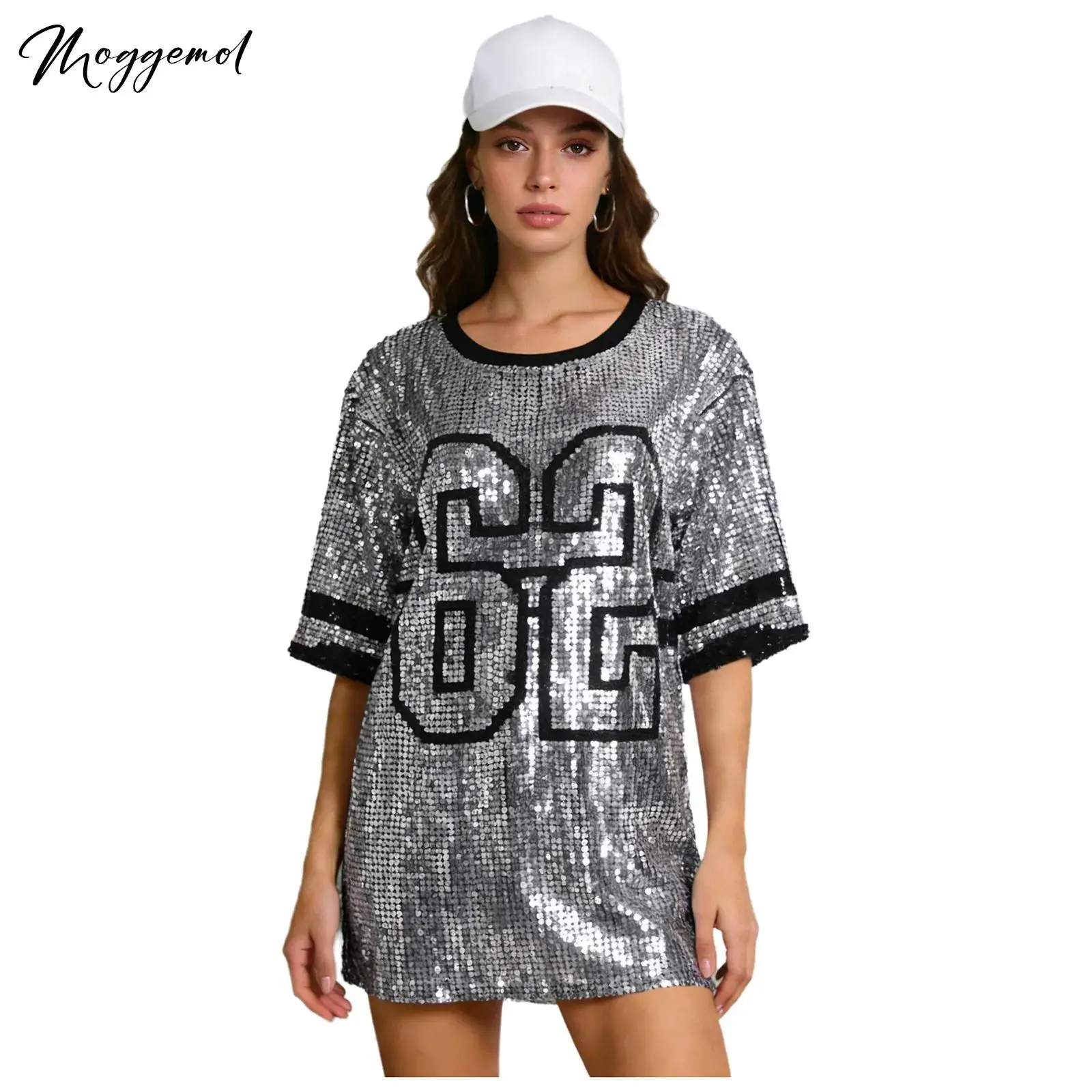 

Женская футболка в стиле хип-хоп/джаз с пайетками и графическим принтом, с круглым вырезом, рукавом 3/4, блестящая блузка-топ для клубных вечеринок, просмотра матчей и соревнований