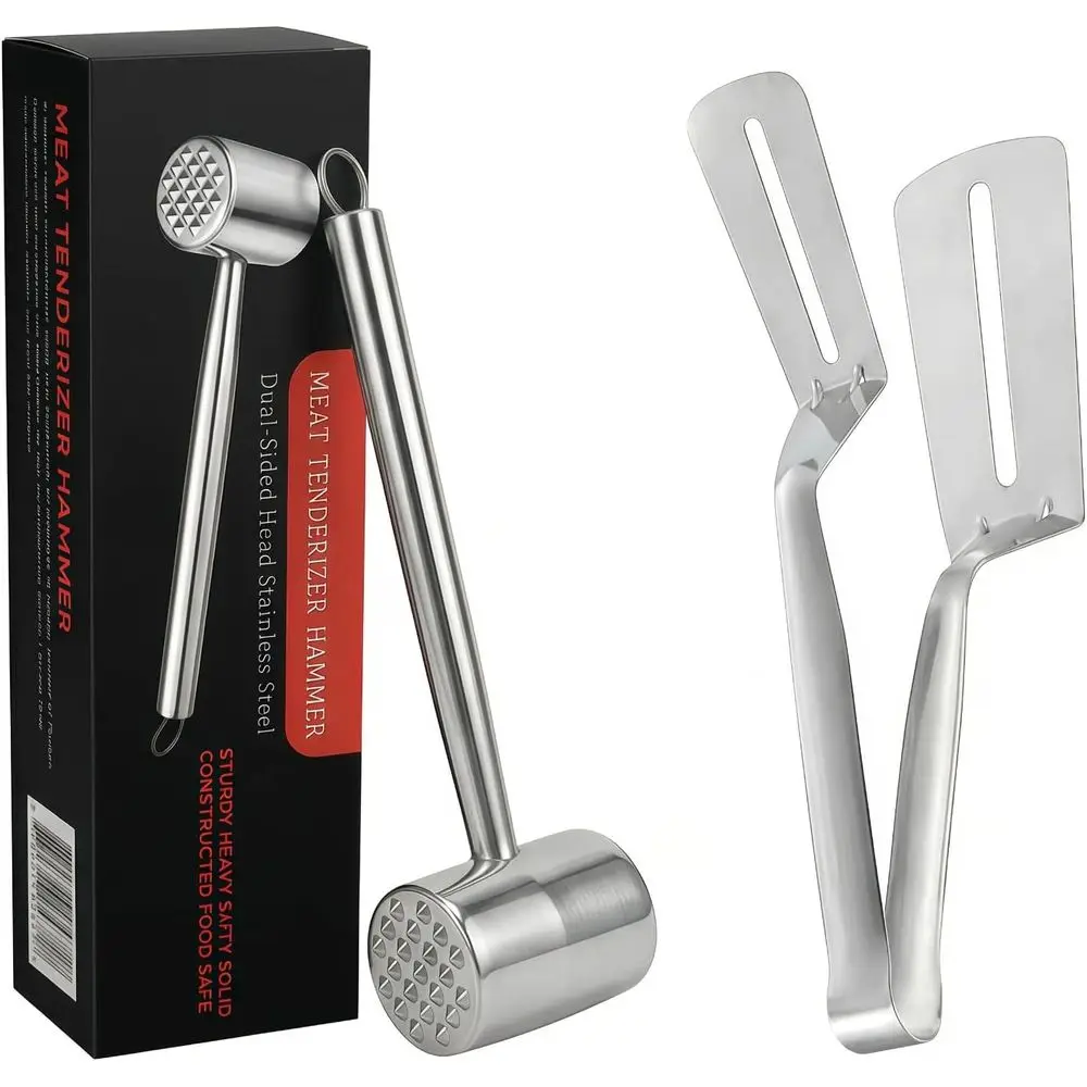 Durable 304 Stainless Steel Meat Tenderizer Mallet and Steak Tongs Set for Efficient Cooking