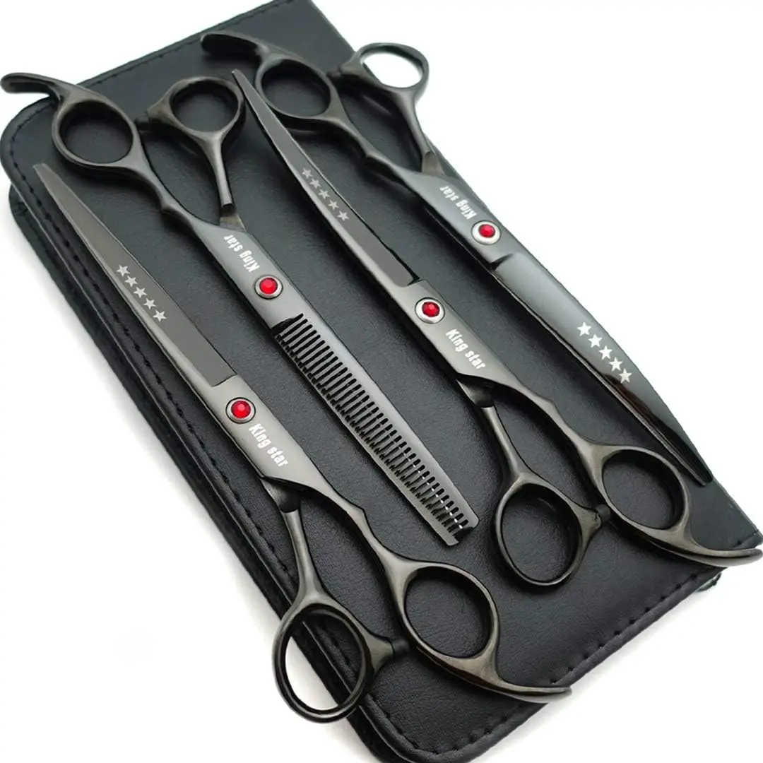 

Professional Dog Grooming Scissors Set: Straight, Thinning, Curved - 4 Pieces in Bright Black
