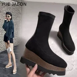 Black 2024 Stretch Suede Western Cowgirl Boots Black Grey Cowboy Ankle Boots for Women High Platform Boots Short Casual Shoes