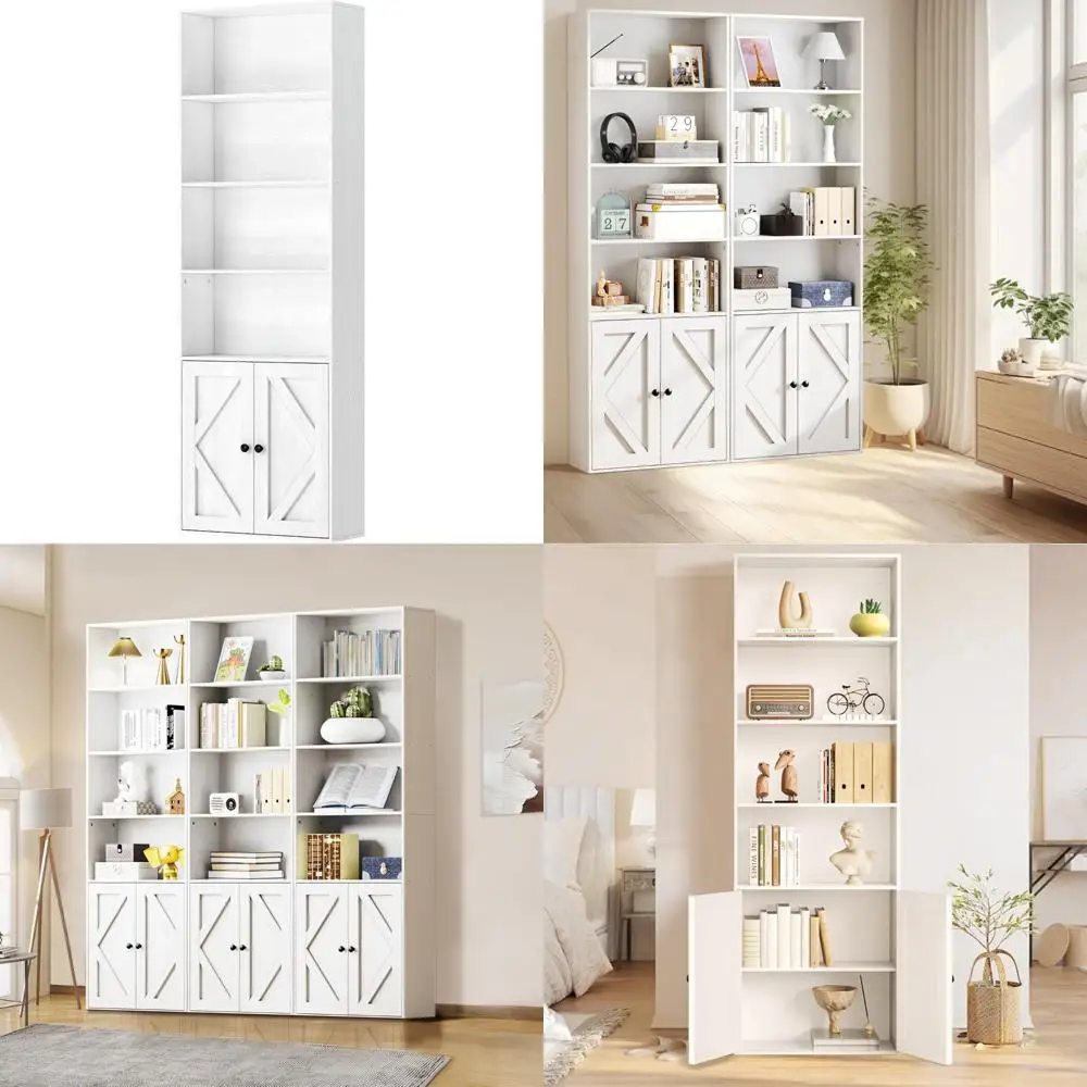 Деревянный высокий белый книжный шкаф с дверцами — шкаф для хранения и полки для гостиной, спальни или офиса