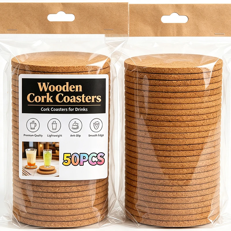 Image of 1/50 Stück natürliche Holz-Kork-Untersetzer, rutschfest, 9 cm, runde Matten, Getränke-, Tee- und Kaffeehalter, Kork-Wärmeisolationspads, Tischdekoration