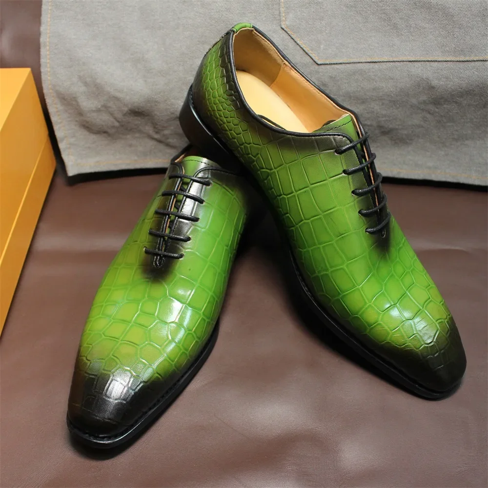 FELIX CHU Men's Genuine Cow Leather Shoes Crocodile Print Business Green Dress Shoes Formal Wedding Footwear for Spring Autumn - Image 2