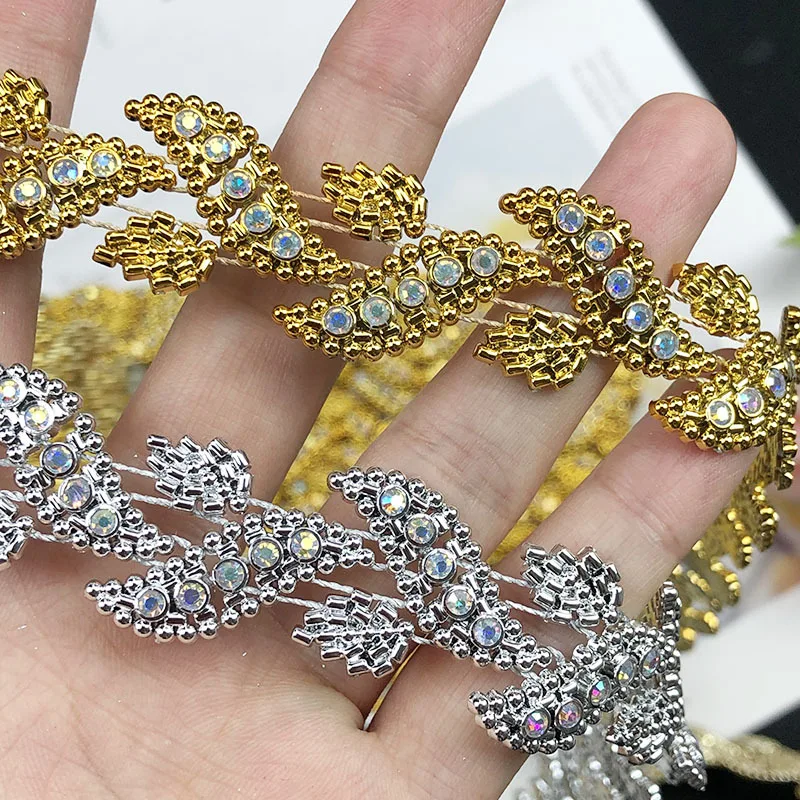 8 Yards 2cm Wide Premium Leaf Rhinestone Chain Lace Trim for Bridal Gown Wedding Dress DIY Sewing Craft Garment Home Decoration