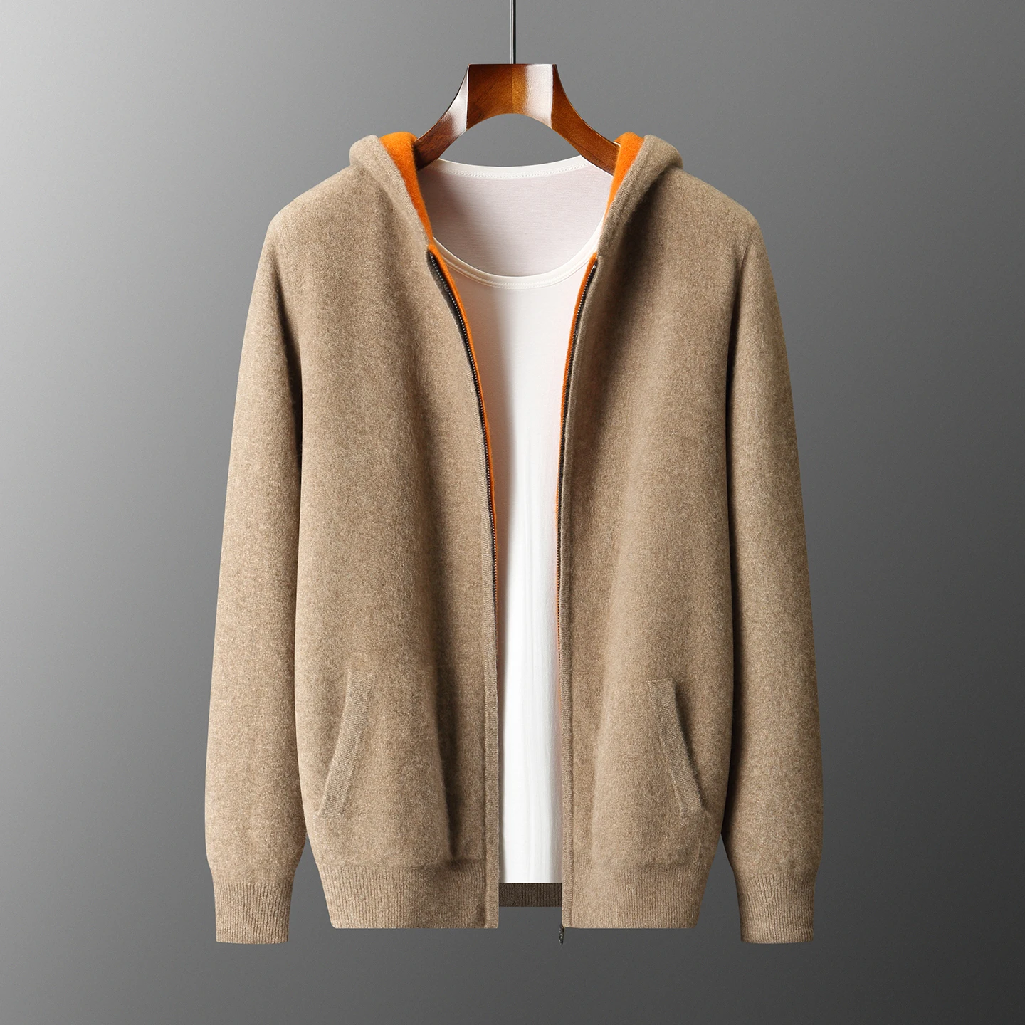 

Men Autumn Winter Hooded Zipper Cardigan Sweater Thick Warm Knit Reversible Wool Jacket 100% Merino Wool Sweater Casual Top Coat