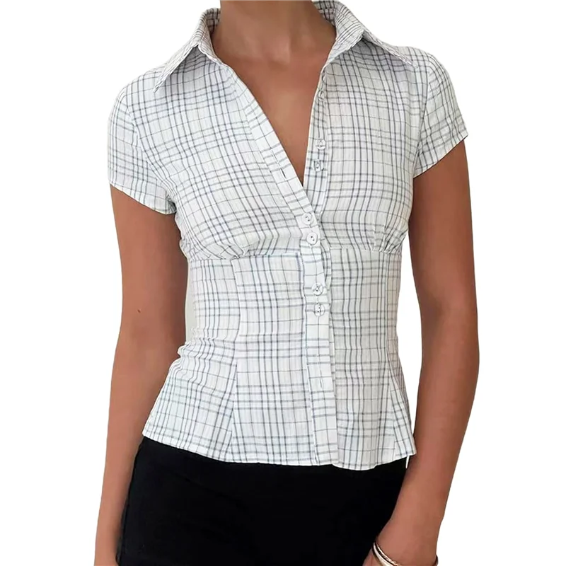 

Sturdy Women Y2k Button Down Shirts Slim Fit Casual Vintage Lapel Collar Short Sleeve Blouse Tops Streetwear