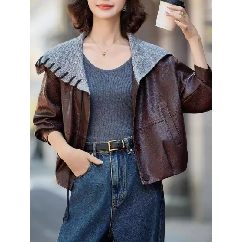 Onecozyday 2025 سترة جلدية نسائية أنيقة مقصوصة بياقة مدببة وأكمام طويلة معطف غير رسمي فضفاض ملابس خارجية