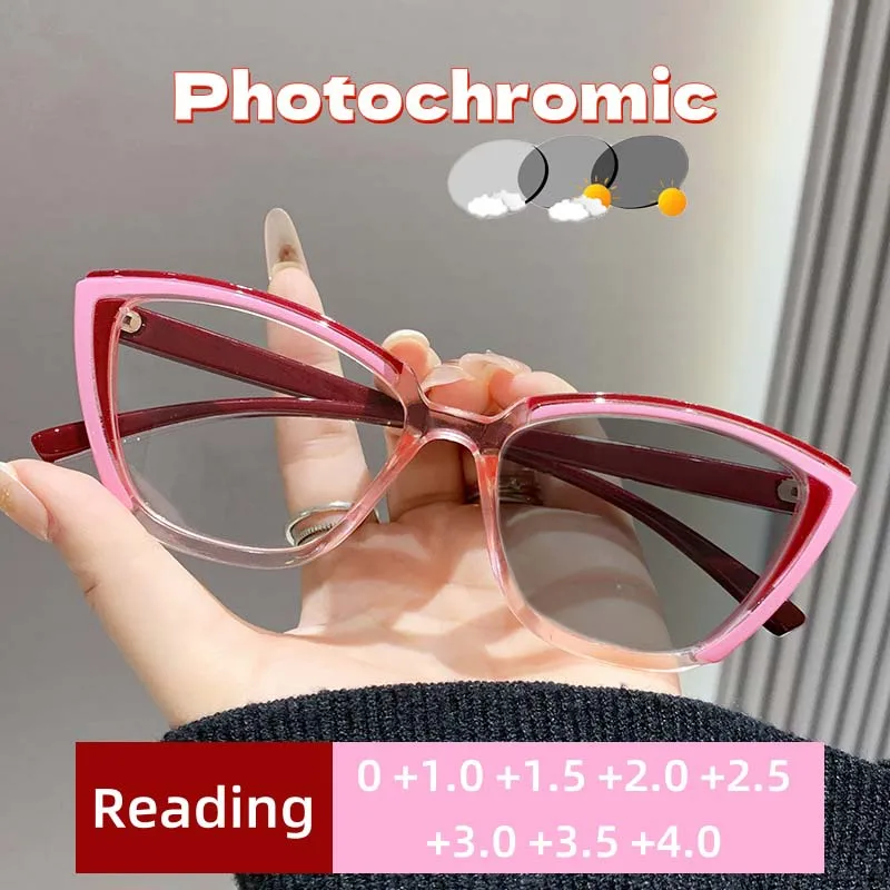 

New Retro Color Blocked Triangle Cat Eye Photochromic Reading Glasses Fashionable High-definition Anti Blue Light Glasses