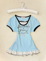 Kawaii T shirts Summer Cute Women Clothes Harajuku Letter Streetwear Korea Lace Short sleeve Femme Aesthetic Y2k Tees Crop Tops