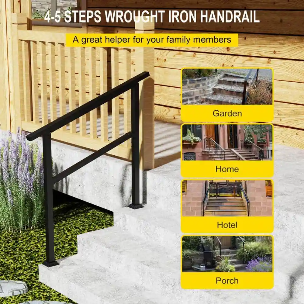 36 Zoll. H x 3,3 Fuß B Schienensatz aus schwarzem Eisen für Außenstufen, passend für 2- oder 3-stufige Treppengeländer in Schwarz