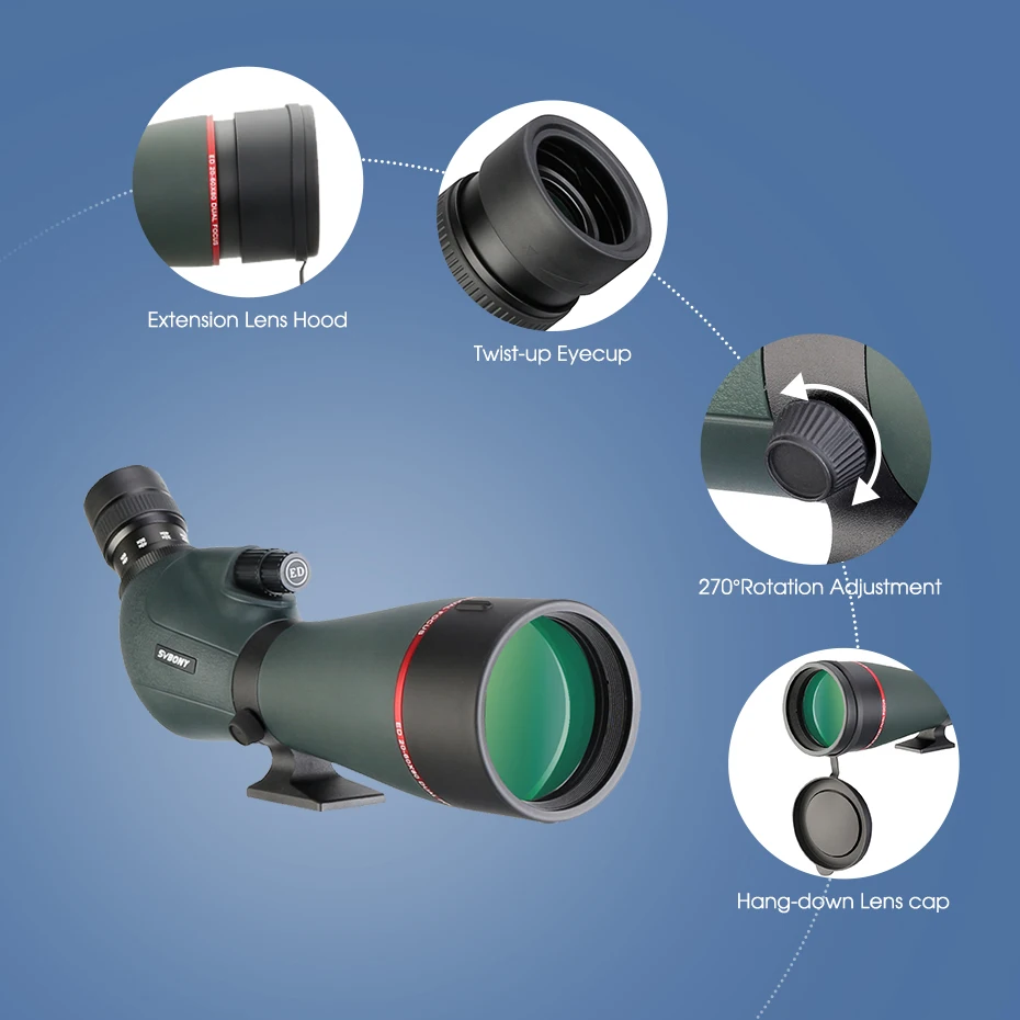 Svbony SV406/SV406P ED Spektiv 20‑60x80/25‑75x100/16‑48x65 Doppelfokus IPX7 Wasserdichtes Teleskop für Vogelbeobachtung und Bogenschießen – Detail 19