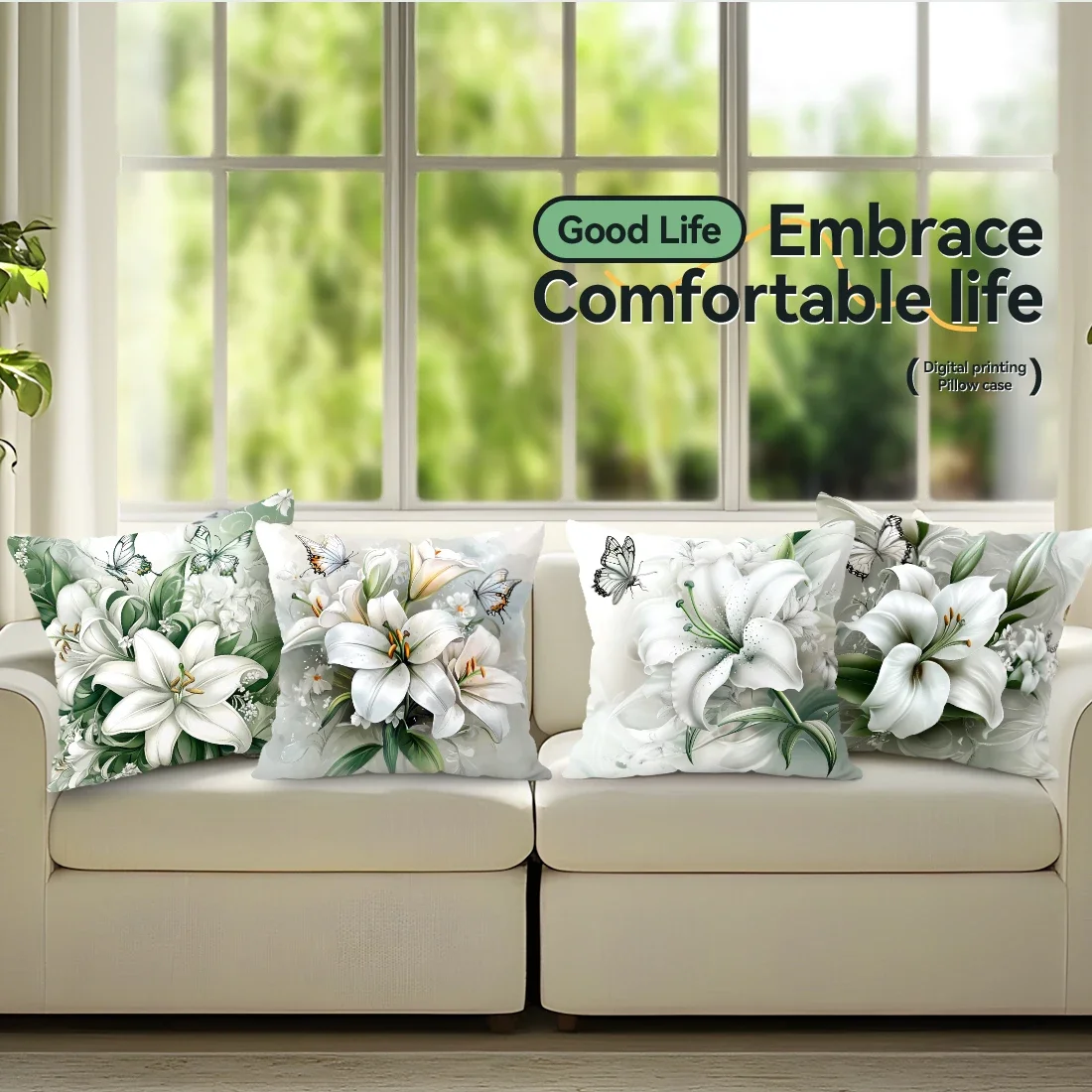 

4 шт., наволочка с односторонним принтом в виде лилий и бабочек, подходит для гостиной, спальни, украшения автомобиля