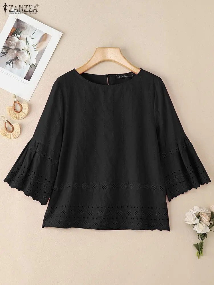 

ZANZEA 2025 Casual Openwork Embroidered Blouses Women Autumn O-Neck 3/4 Sleeve Blouse Holiday Commuting Everyday Solid Color Top