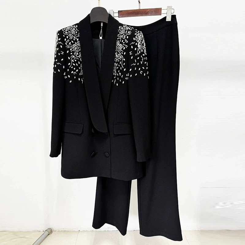 New Fashionable Commuting Socialite Temperament Diamond Studded Hollow Out Long Sleeved Suit+Long Pants Two-Piece Set