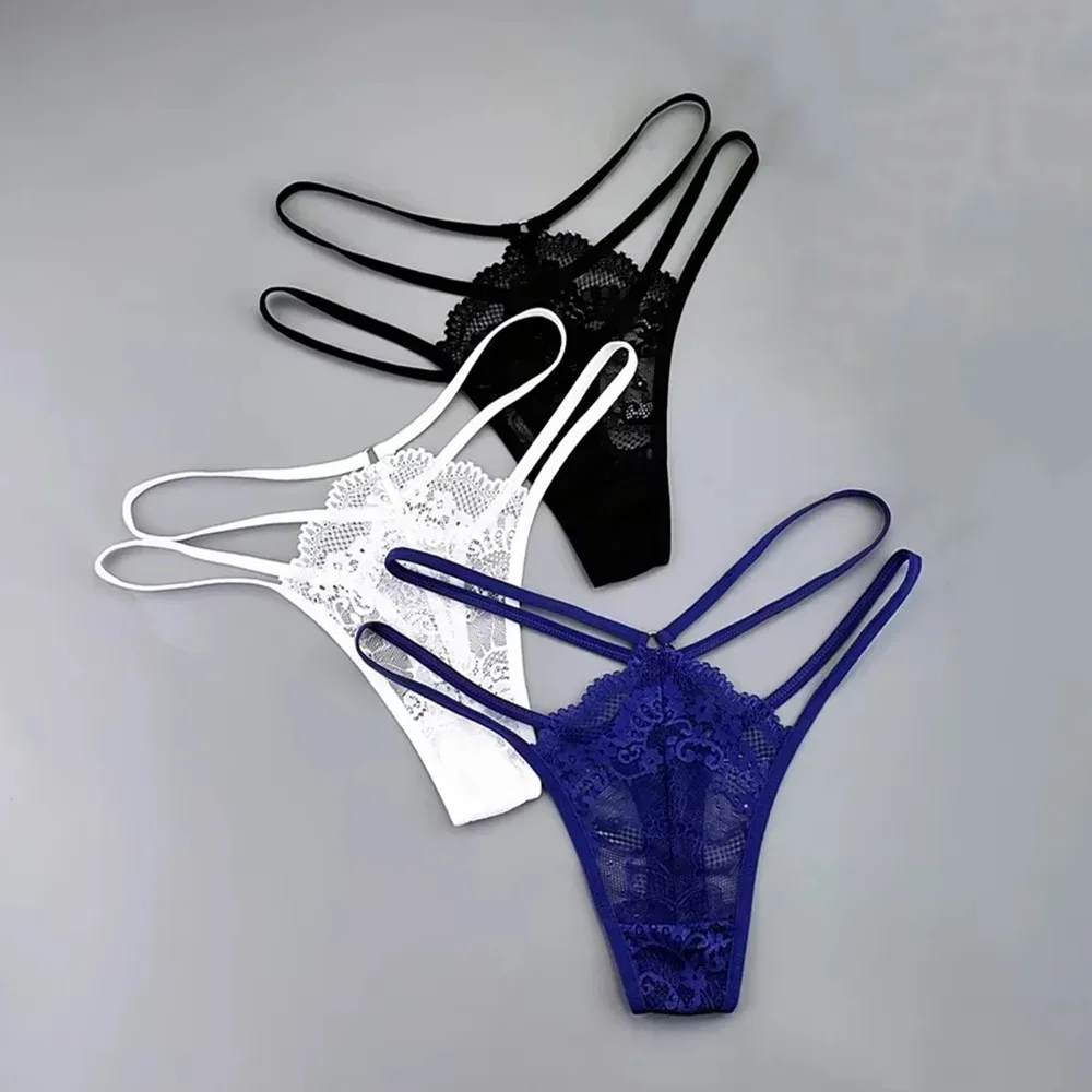 Tanga de encaje con tirantes finos para mujer, ropa interior Sexy de cintura baja, Tanga transparente, bragas de talla grande con espalda en T, 3 uds.
