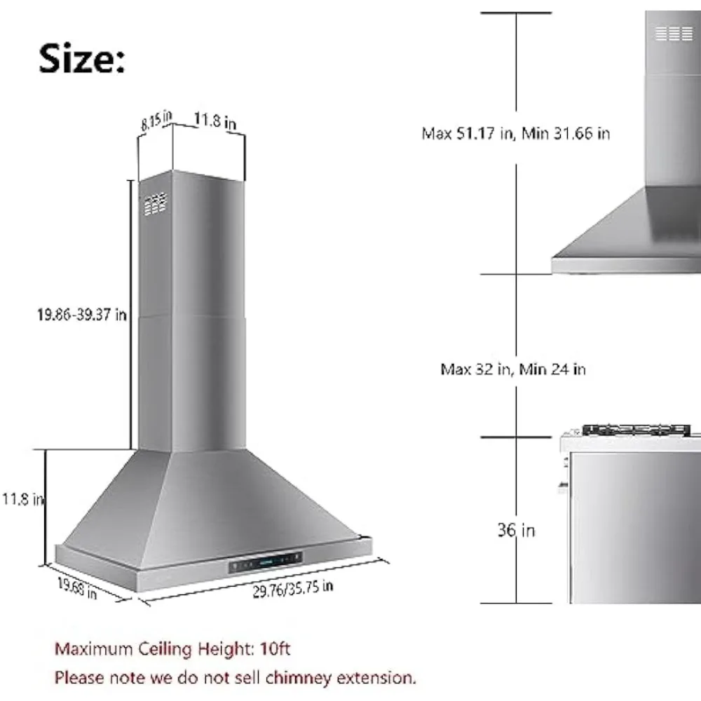 Wall Mount Range Hood 900 CFM Ducted, Kitchen Chimney Vent Stainless Steel with Gesture Sensing & Touch Control Switch Panel