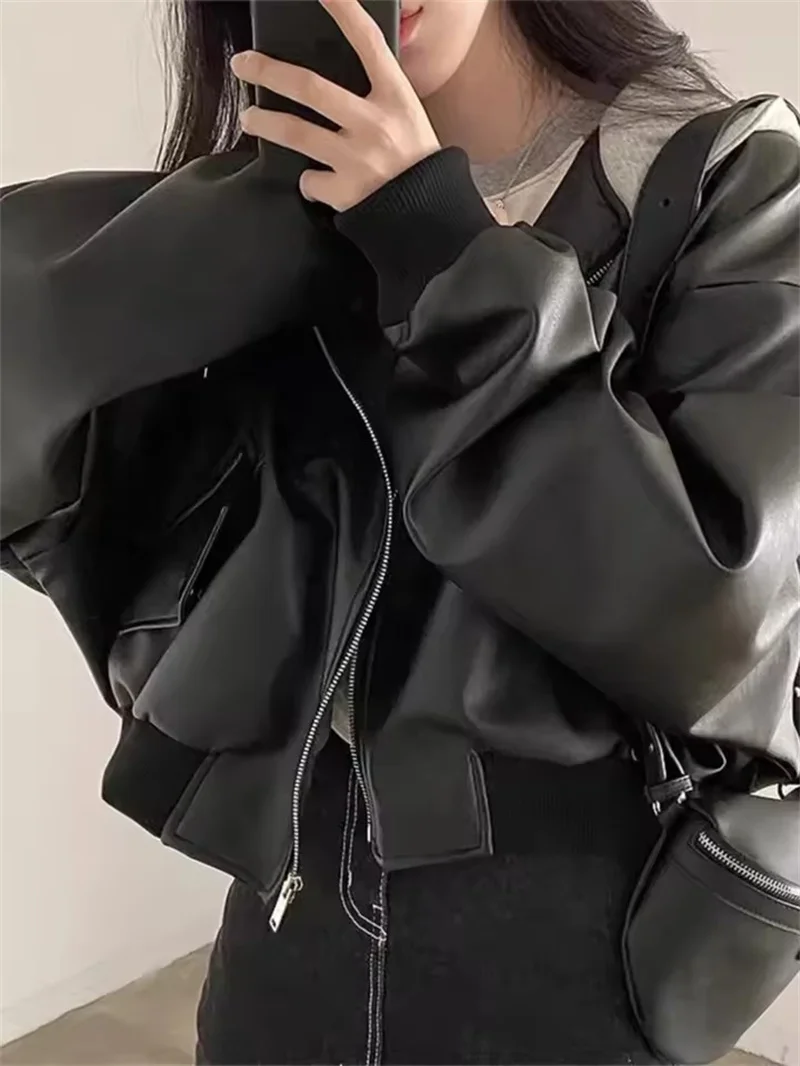 

Винтажная двухсекционная куртка из искусственной кожи с капюшоном, женская осенняя повседневная свободная универсальная верхняя одежда на молнии на молнии
