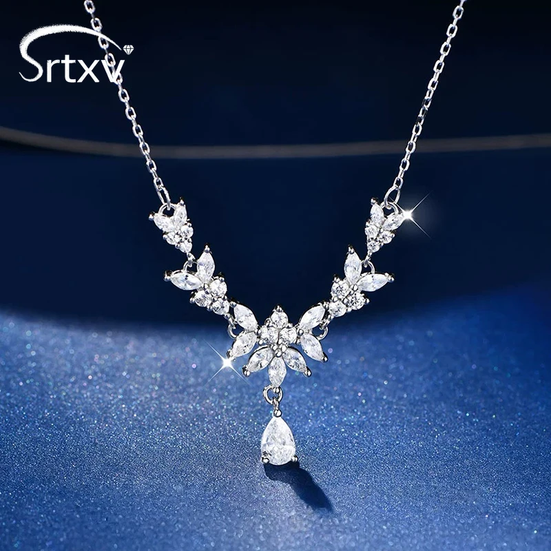 

Pear Cut 5A Zircon Necklace Trendy Flower S925 Sterling Silver Stacking Neck Chain Jewelry For Women Wedding Birthday Xmas Gifts