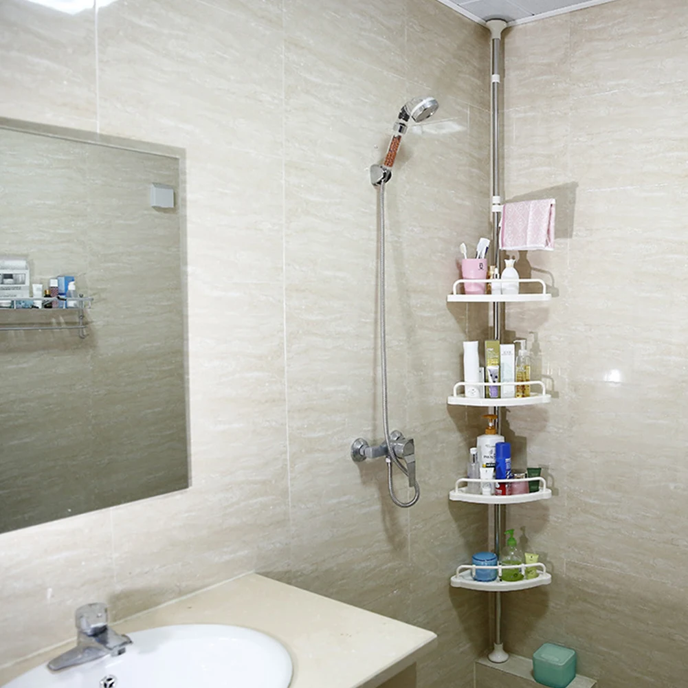 

Shower Rack Adjustable 4 Trays Telescopic Bathroom Shelf Stainless Steel Frame Floor Ceiling Holder Shower Caddy Organizer Shelf