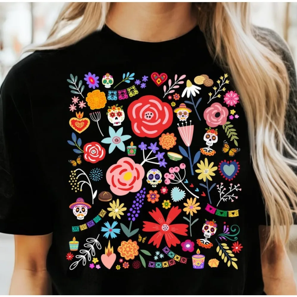 

Day of The Dead TShirt Mexican Art Flower T-Shirt Fashion Halloween Shirt Dia De Los Muertos Tee Hispanic Heritage Month Women T