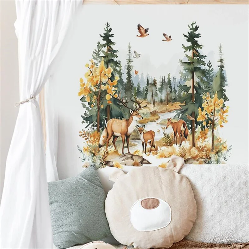 Cartoon Deer Forest Wall Sticker Kids Room Bedroom Background Decor Wallpaper Living Room Home Decoration Self-adhesive Decals