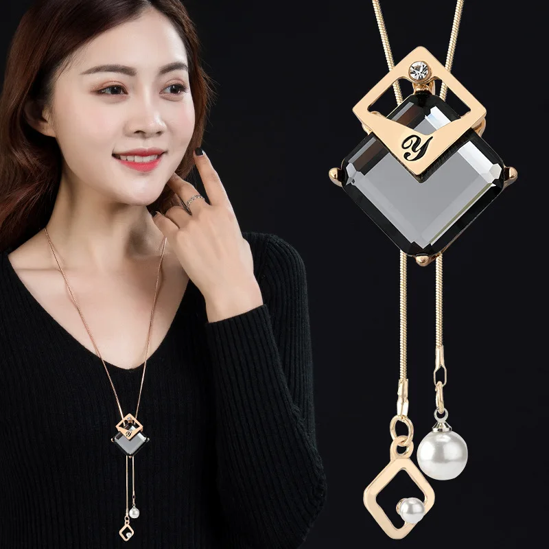 Moda Collier Femme Szare długie kryształowe naszyjniki i wisiorki dla kobiet Okrągły naszyjnik Maxi Colar Biżuteria z łańcuszkiem