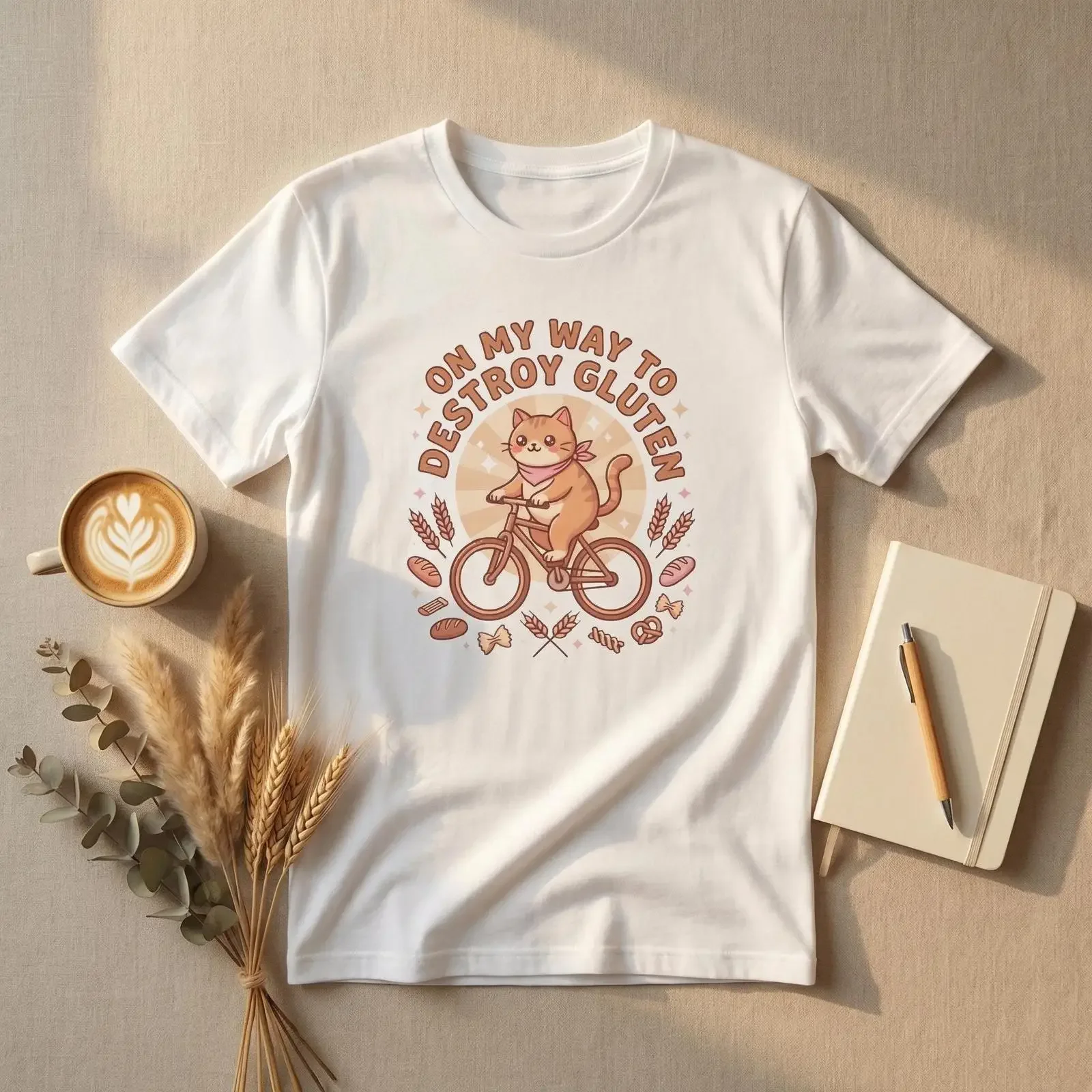 Cat Bicycle T Shirt Gluten Free Humor Wheat Motif Design vintage Washed Versatile Slightly Unisex streetwear designer clothes