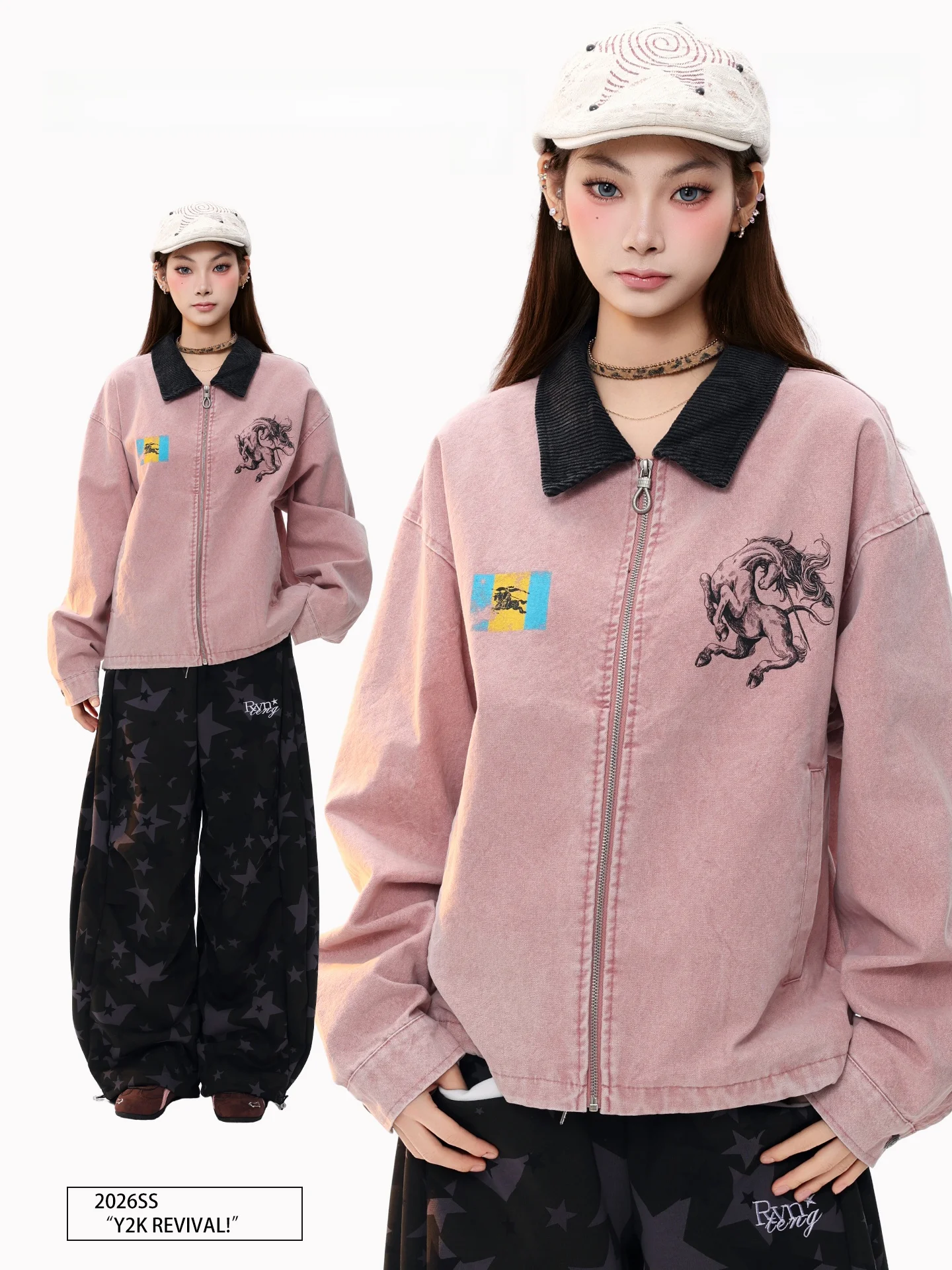 

PBB American Retro Washed Pink Denim Jacket Women's Street Lazy Spring Color Collision Collar Coat Cotton Workwear Style