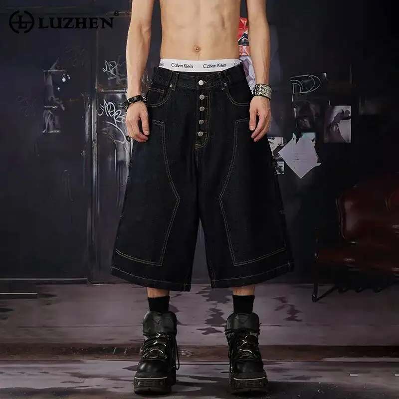 

LUZHEN 2026 Summer Original Single Buttoned Ribbon Decorate Niche Design Denim Cropped Pants Men's Stylish Straight Jeans JY7615