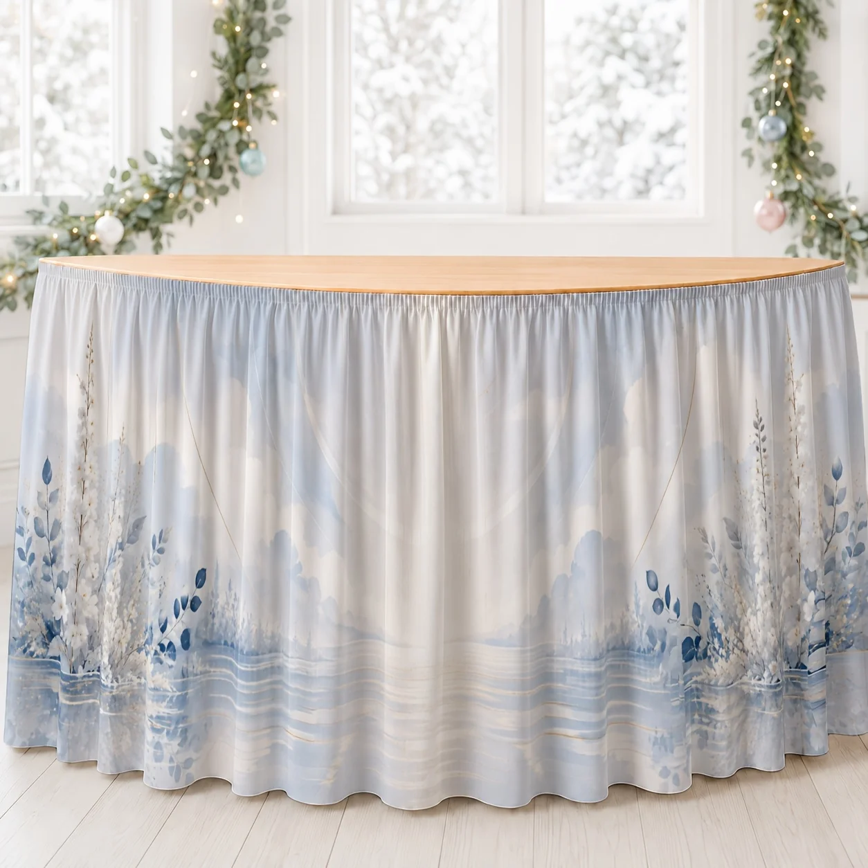 One table skirt. Winter wonderland table skirt print. Polyester. Distant exotic tranquility. Cold and minimalist.