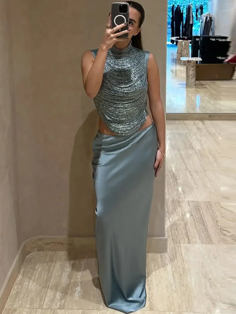 BKQU Elegant Tassel Crop Top Satin Mermaid Skirt Set Women Sleeveless Stand Neck Vest Hip Package Skirt 2026 Summer Party Outfit