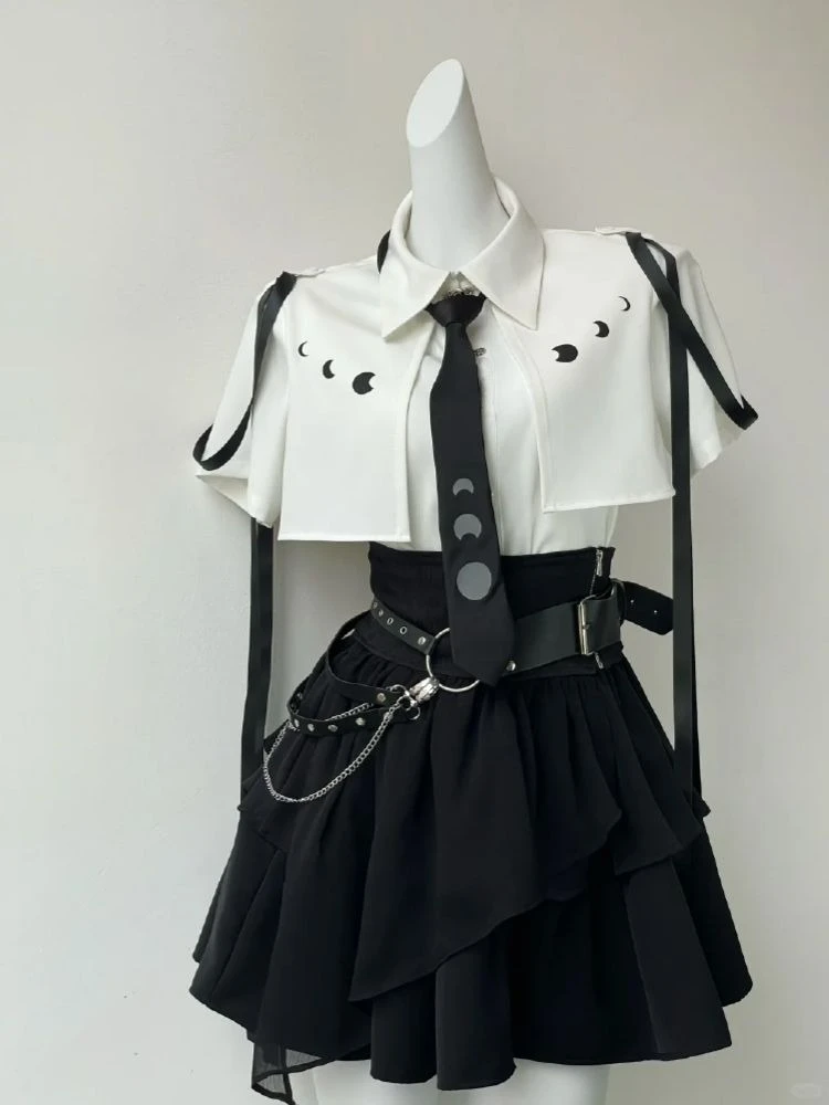 Gothic Style Elegant Top + Mini Cake Skirt + Corset Belt Three-Piece Set Women Casual Japanese Patchwork Bodycon Spring Summer view 3