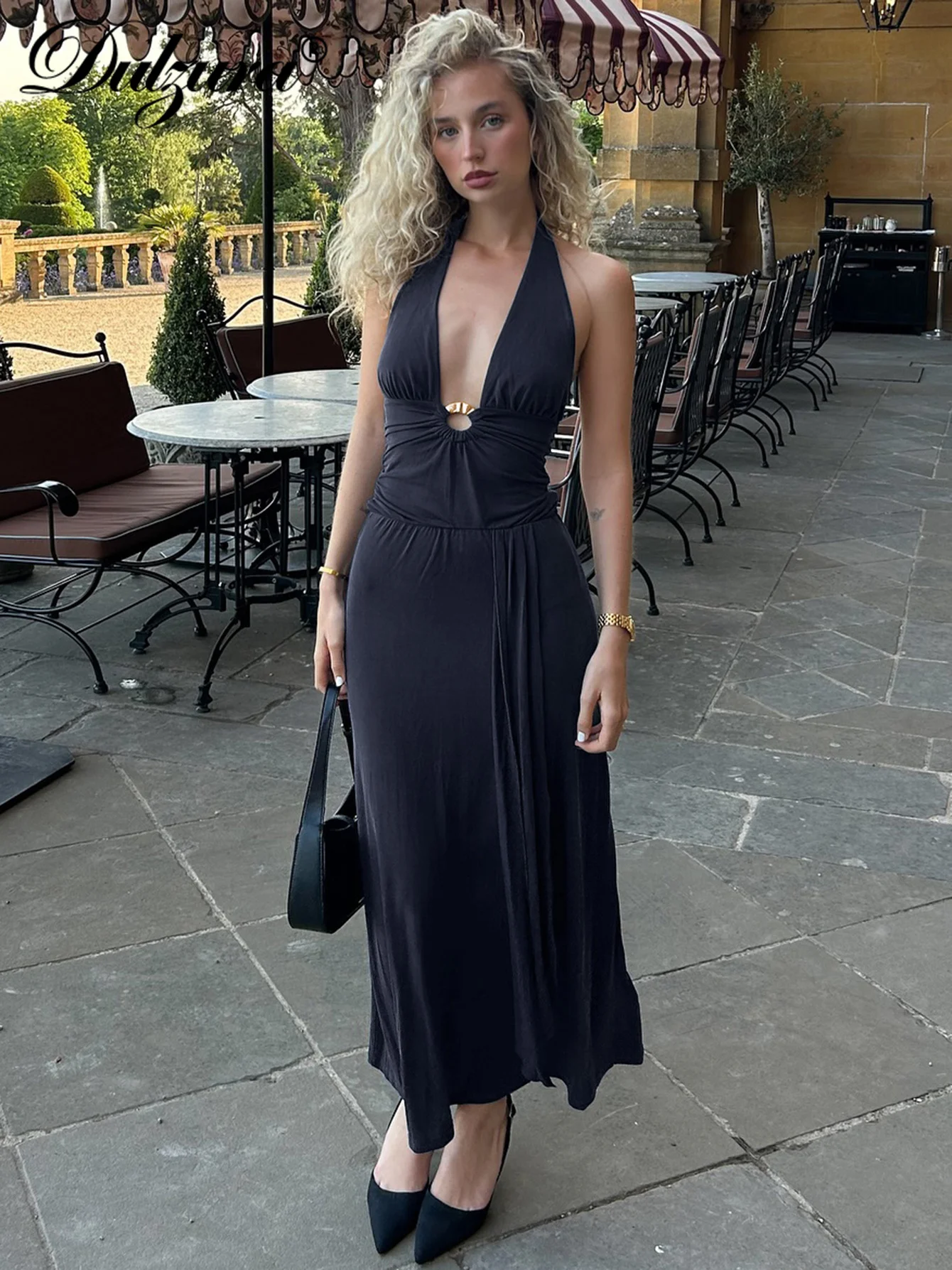 Dulzura Zomer Mode Sexy Halter Mouwloos Backless Slim Lace Up Ruches Lange Jurk Dames Solid Elegant Party Club Kleding