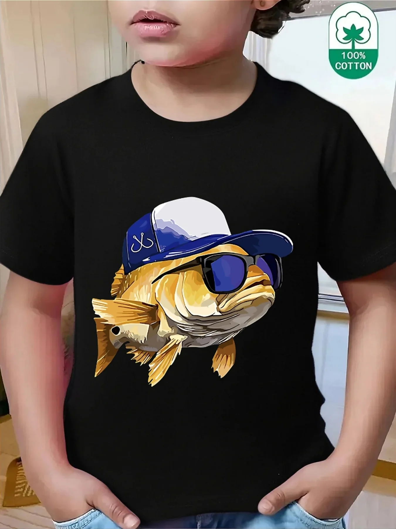 Lovely Stylish Sea Fish Fisherman Cartoon Graphic Family Matching T Shirts Boys Girls Parent Child Daily Wear Cotton Tops