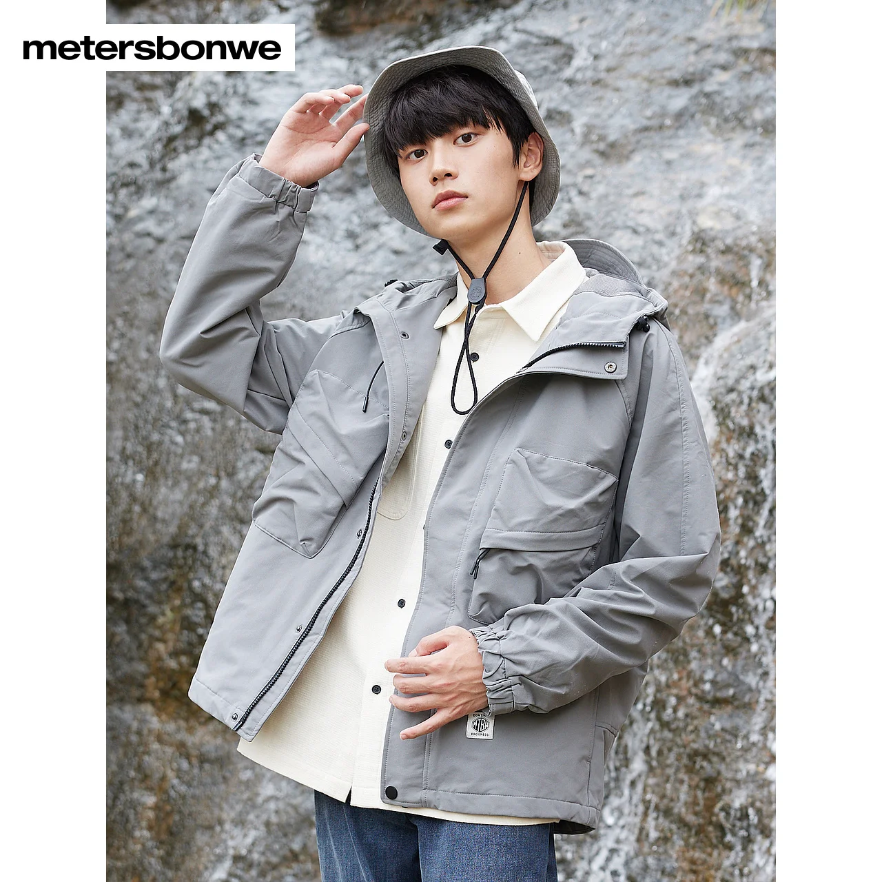 Metersbonwe-Men's Trendy Hood Jacket 3D Chest Pockets Classic Drawstring Hooded  Outdoor Casual Windproof Spring Autumn