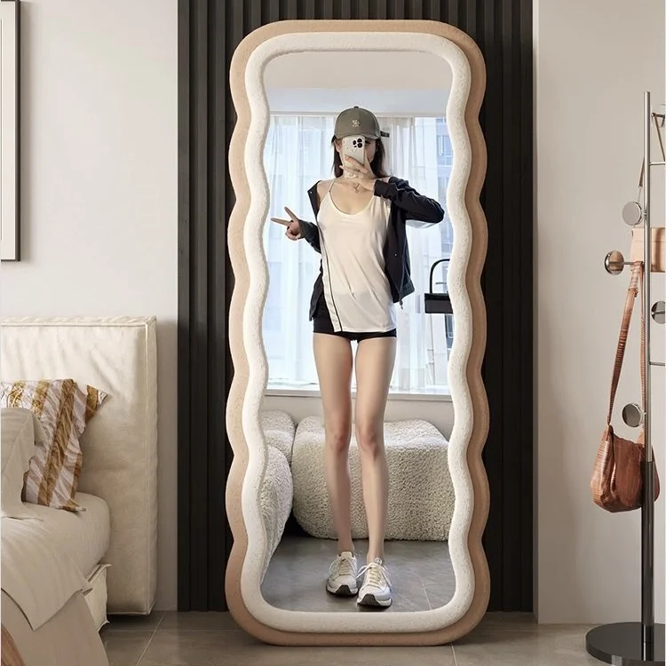 Cream wind full body mirror Internet celebrity floor mirror Home full-length mirror Wave integrated  Bedroom