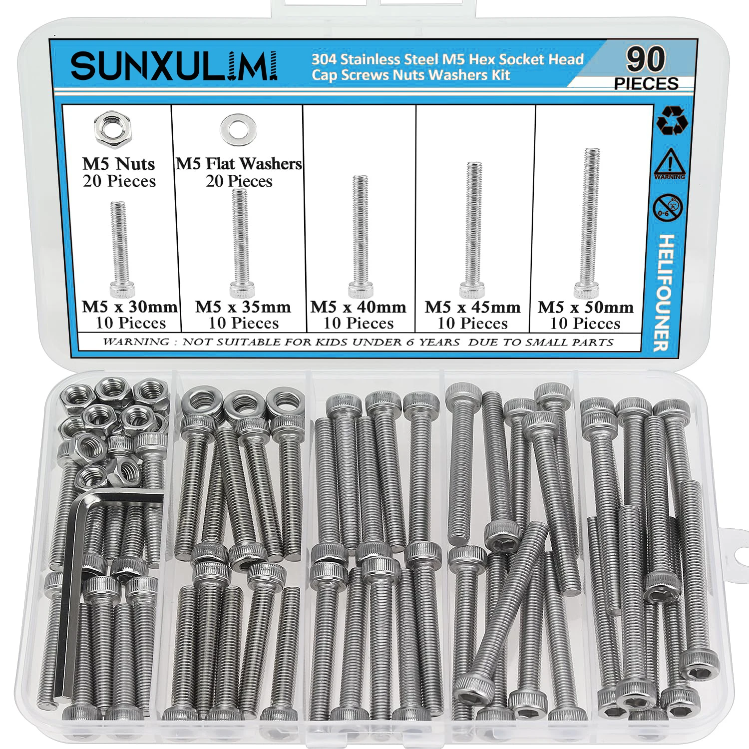 

90 шт. M5 x 30 мм/35 мм/40 мм/45 мм/50 мм, винты с шестигранной головкой, болты, шайбы, гайки, комплект с шестигранным ключом, нержавеющая сталь