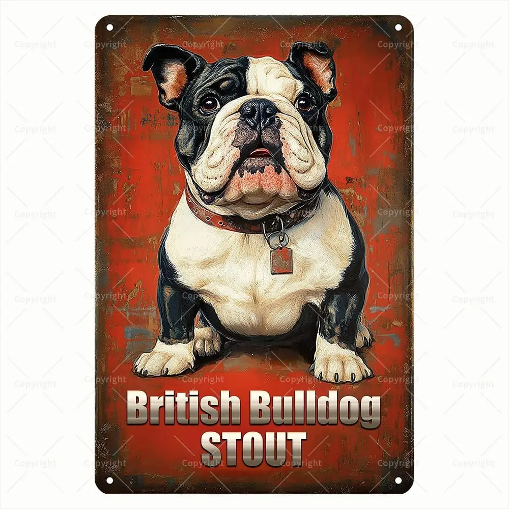 1p,Vintage Tin Sign - British Bulldog Stout Bold Dog Illustration Retro Metal Sign - Decorative Tin Sign for Beer Lovers - Wall