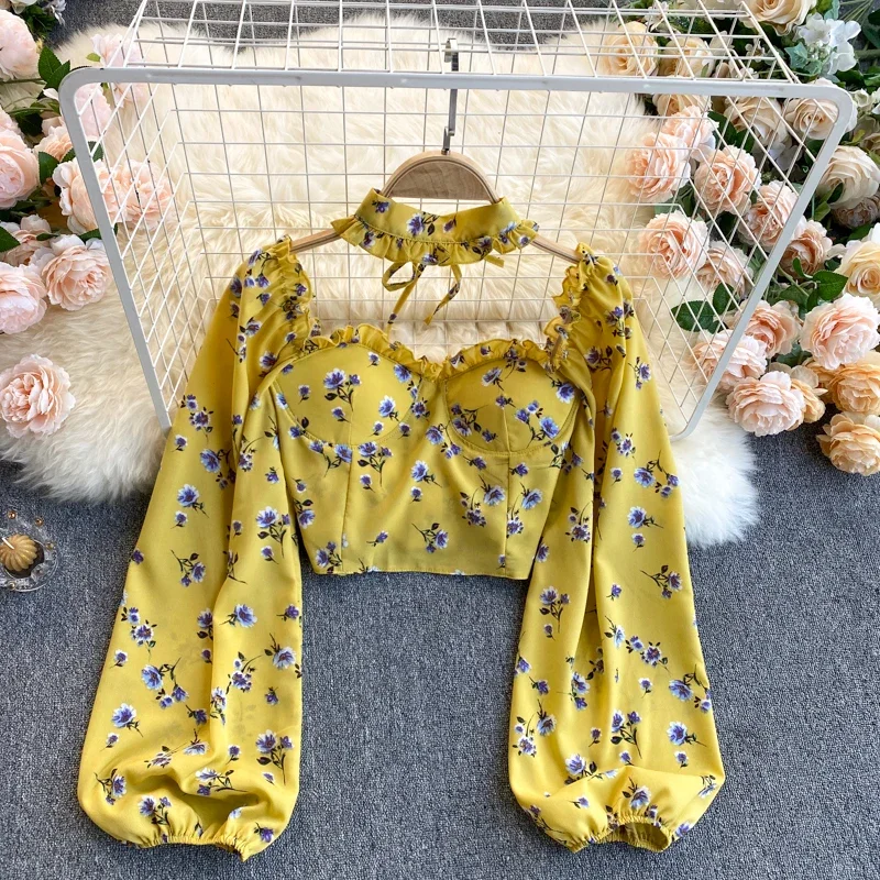 Sweet Women Pullover Shirt Thin Chiffon Off-Shoulder Long Puff Sleeve Short Crop Top Women Printed Chest Pad Bow Tie Slim Blouse