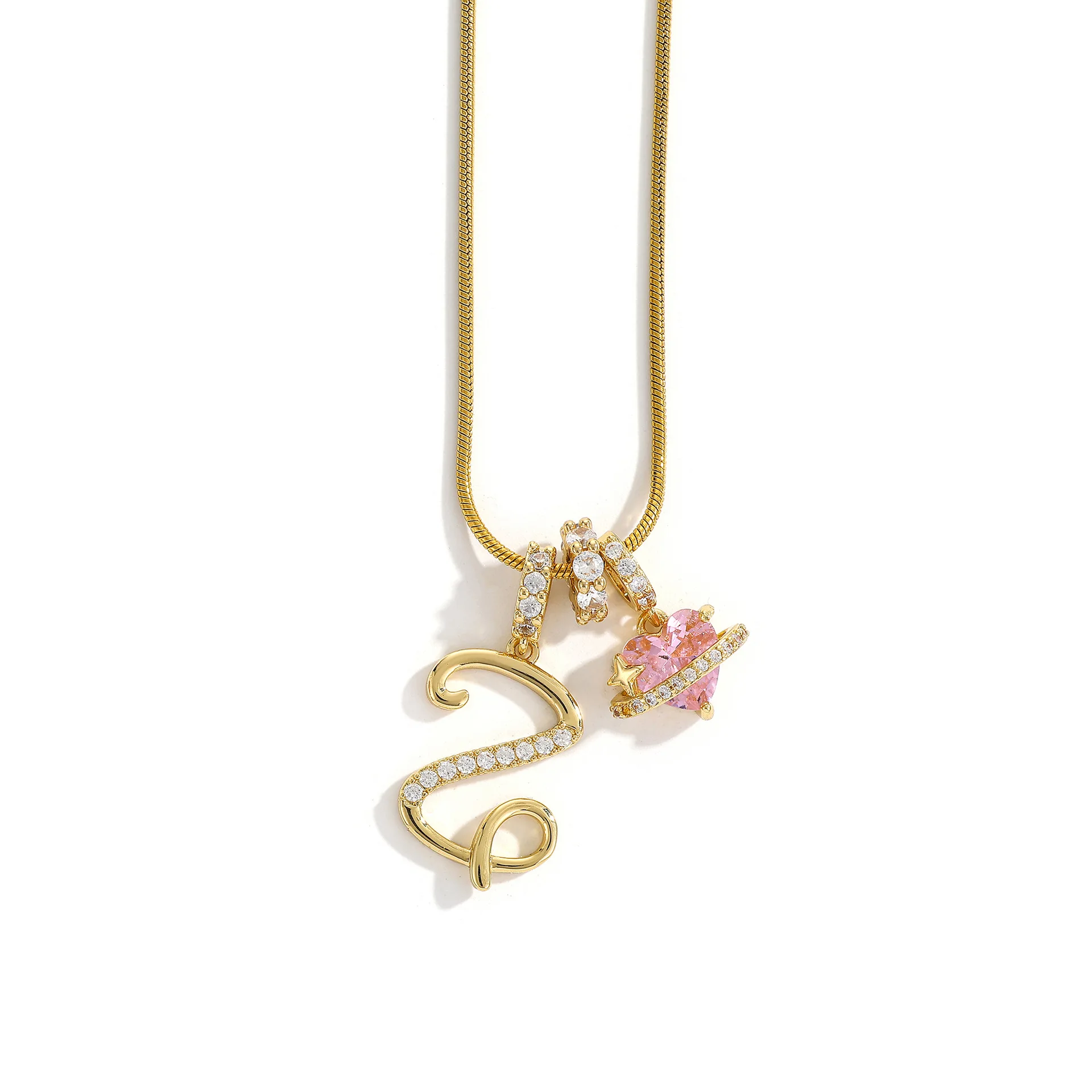 Women's A-Z Initial Letter Pendant Necklace Snake Chain Initial Alphabet CZ Pink Heart Necklace Adjustable Size Hypoallergenic