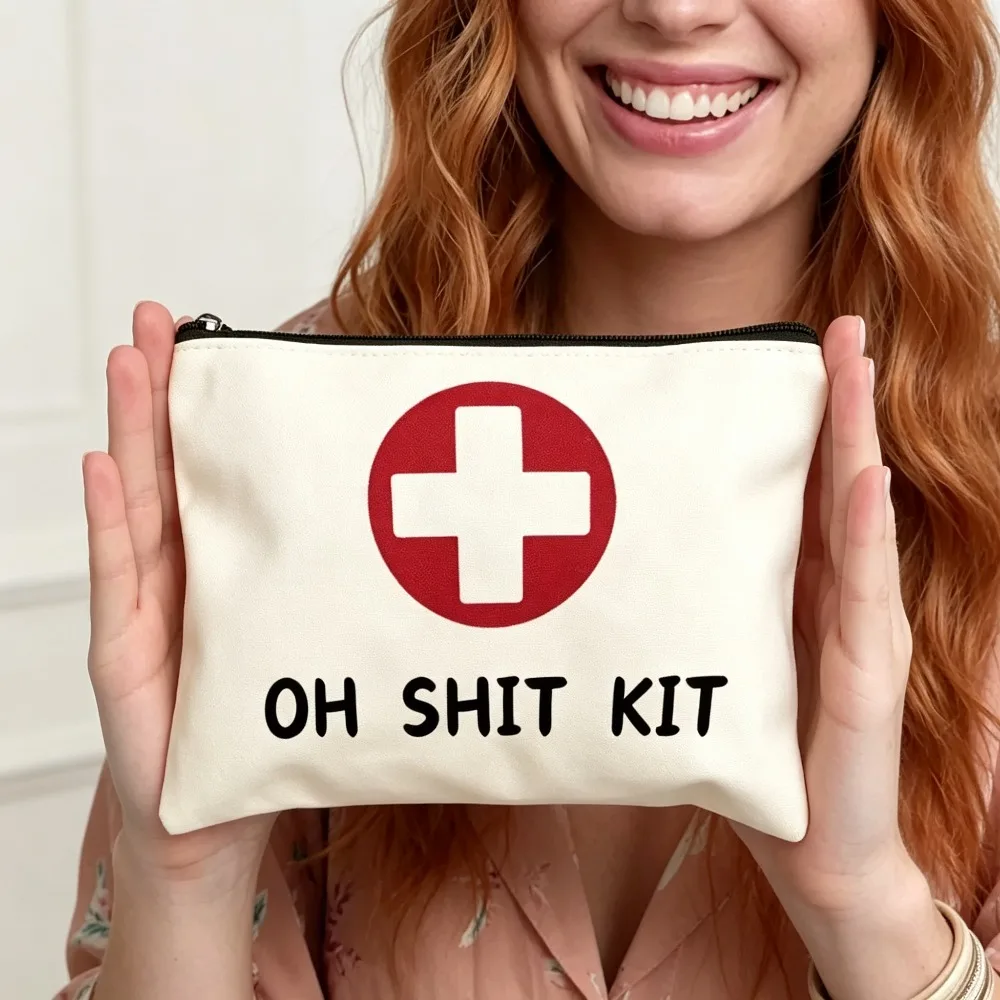 Novelty Humor Survival Storage Pouch Ladies Portable Travel Cosmetic Bag Red Cross Pattern Zipper Makeup Toiletry Organizer