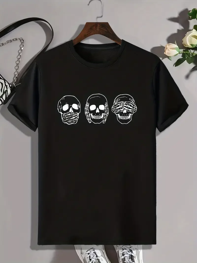 

Summer Men's Skull Print Round Neck Short-Sleeved T-Shirt, Gothic Casual Fashion Pattern T-Shirt Home Wear Pajama Top