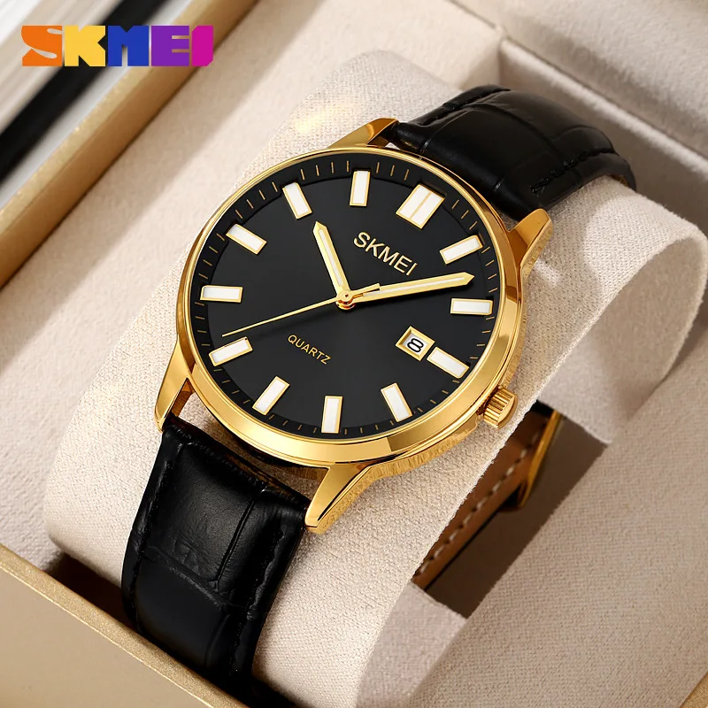 SkmeiМужские круглые мужские повседневные часы Кварцевые часы Водонепроницаемый кожаный ремень Корейские часы с календарем
