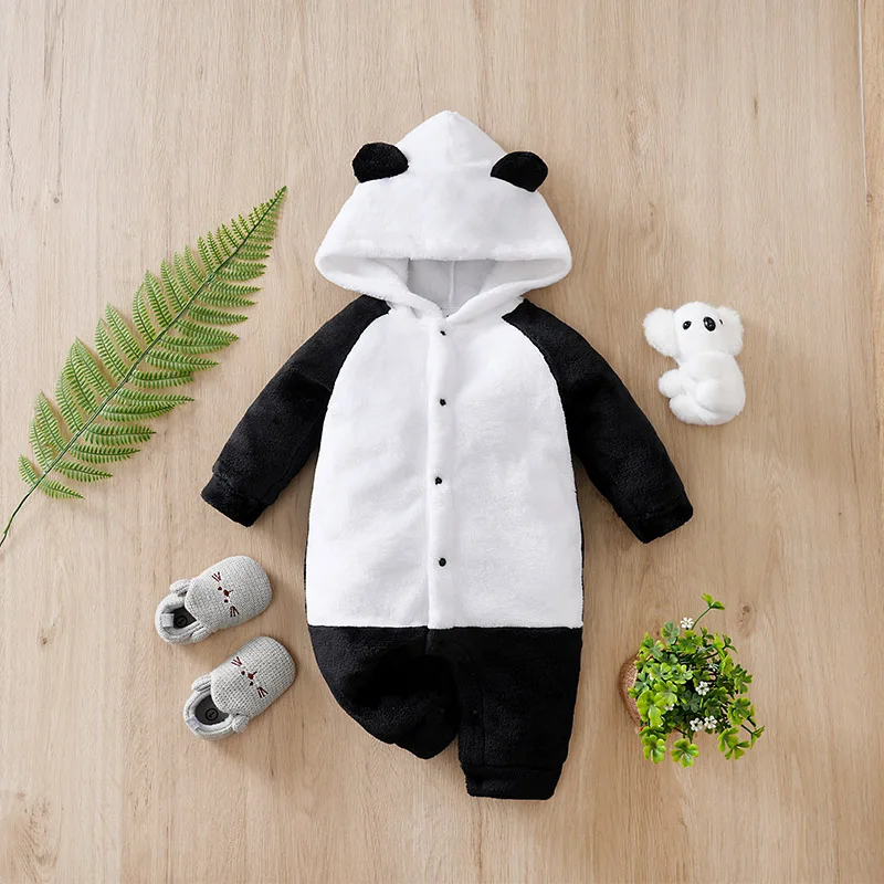 Spring and Autumn Long-Sleeved Baby Jumpsuit with Cute Panda Hooded Design, Suitable for Boys and Girls (0-18 Months)